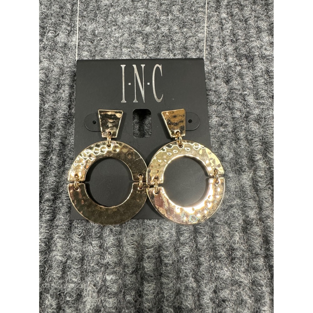 INC Cairo Drop Hoop Earrings Womens OS Gold NEW Hammered Geometric Statement